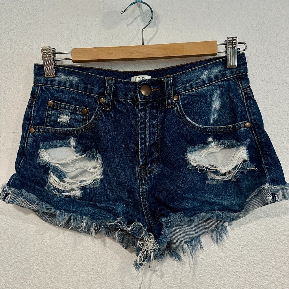 TOBI Denim Jean Shorts Cuffed Distressed Holes Frayed Hem W26xL1.5" Womens Sz 26